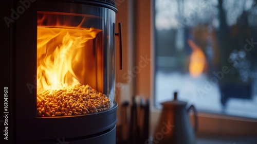 Cozy wood pellet stove burning brightly near window with winter view.