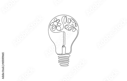 Human Brain Inside Light Bulb Concept of Creative Thinking continuous line art drawing