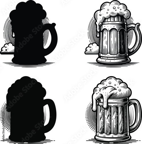Four Beer Mug Illustrations Black and White with Frothy Foam for Oktoberfest Celebration and Brewery Concepts