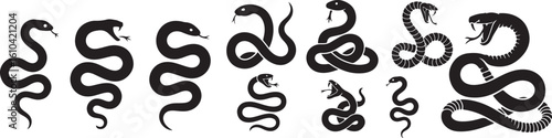 A collection of various black snake illustrations on a white background in different poses and styles