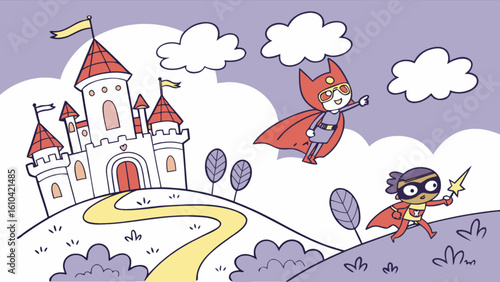 Childrens illustration of superheroes flying to a castle on a hill with clouds in the sky art drawing