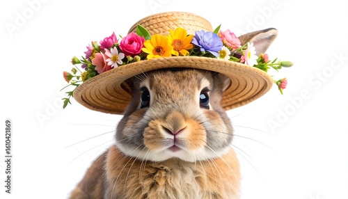 Close-up of a brown bunny wearing a straw hat adorned with colorful flowers
