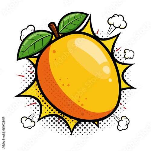 Pop art illustration of a yellow mango with green leaves  