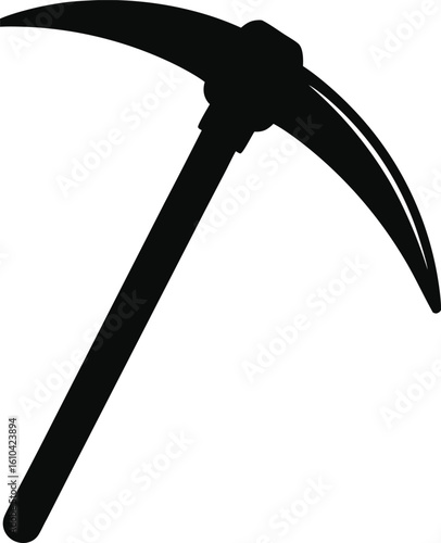 Silhouette of a pickaxe in black and white, emphasizing its iconic design and mining tool features