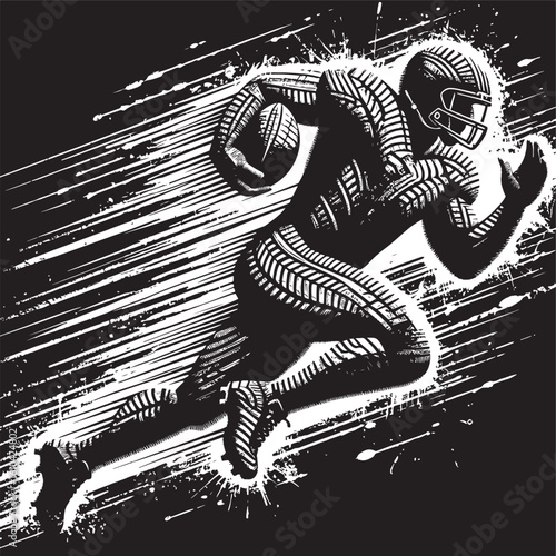  Illustration depicting an American football player in dynamic motion, creatively portrayed with tire tread patterns, symbolizing speed and endurance