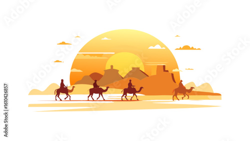 Camel caravan desert landscape illustration at sunset scenic travel adventure background vector graphic design