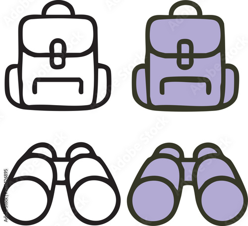 Backpack and Binoculars Travel and Hiking Icon Set.