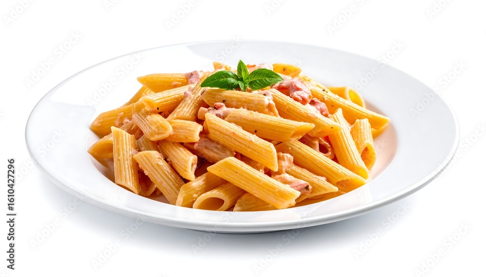 Creamy pasta dish on a white plate, garnished with basil Creamy pasta dish on a white plate, garnished with basil