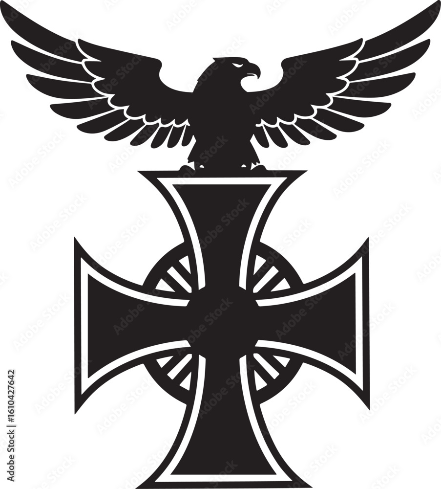 Obraz premium A striking black and white emblem featuring a spread-winged eagle perched above an Iron Cross, symbolizing military honor, power, history, and national identity