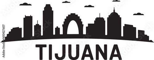 Tijuana Skyline Silhouette Modern City Buildings Arch Monument Mexican Border City Vector in Black