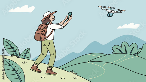 Woman hiking with drone taking pictures outdoors in nature adventure travel photography hobbyist concept