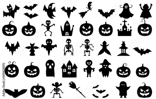 set of Halloween items, pumpkin, ghost, silhouette