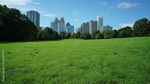 Fototapeta Naklejka Na Ścianę i Meble -  Wide shot emphasizing the contrast between a quiet, expansive green park grassland in the foreground and tall city buildings visible far in the background. Oasis feel.
