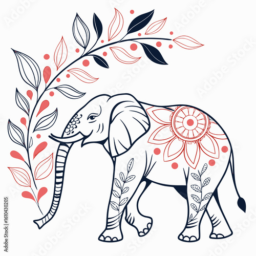 Elegant elephant adorned with intricate floral patterns and delicate botanical elements