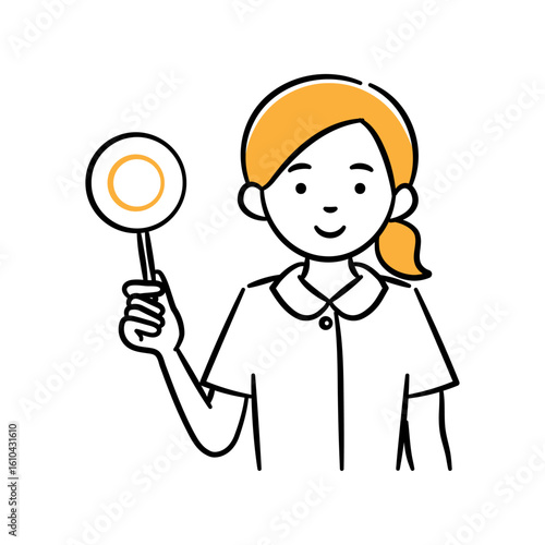 Simple illustration of a young female medical professional holding an correct tag.
