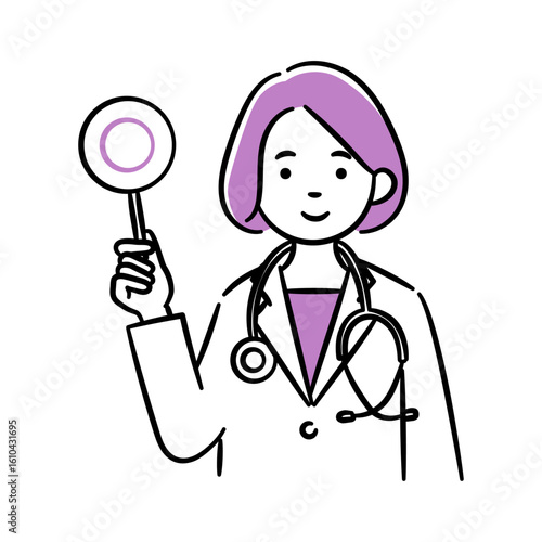 Simple illustration of a young female medical professional holding the correct tag.