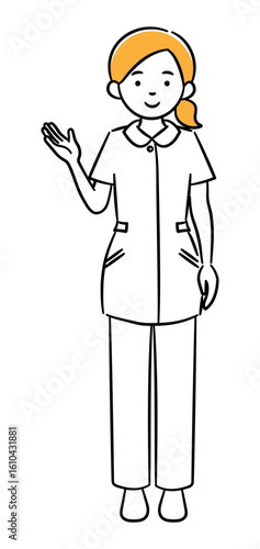 Simple illustration of a young female medical professional giving directions