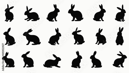 Black rabbit silhouettes in various poses bunny white
