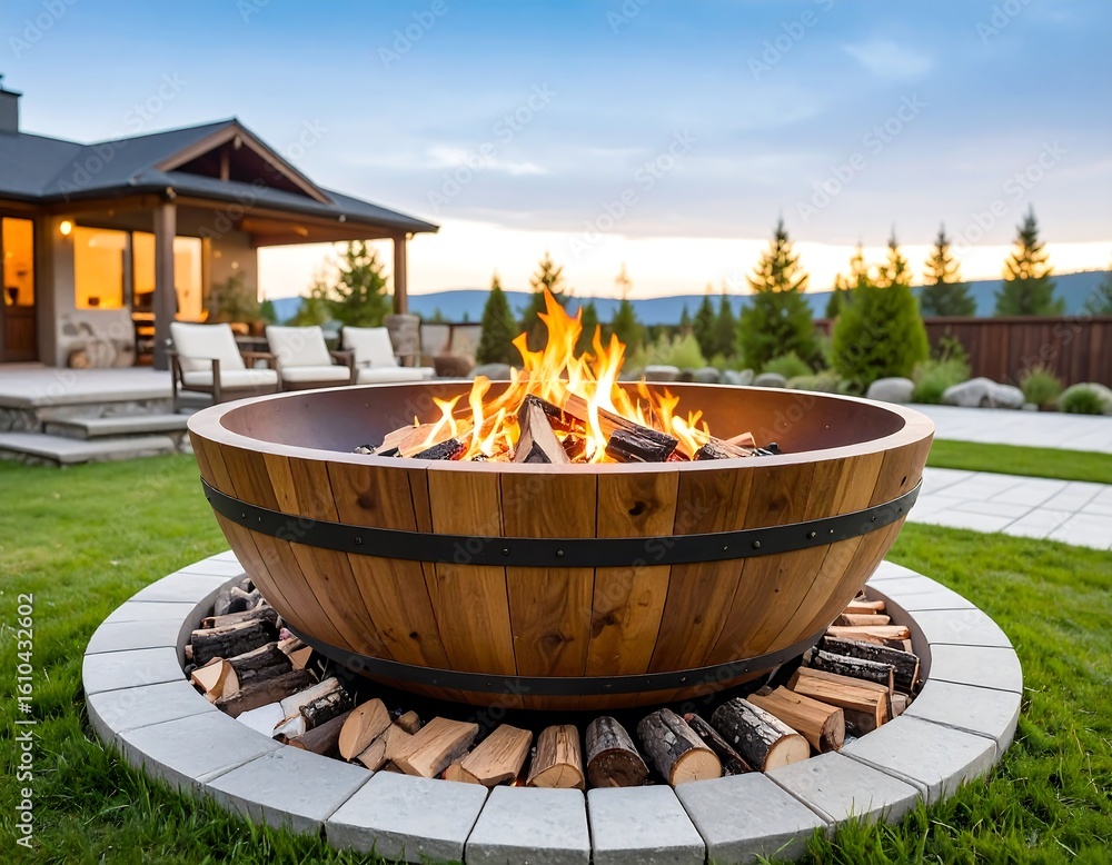 Obraz premium Outdoor fire pit in a landscaped backyard