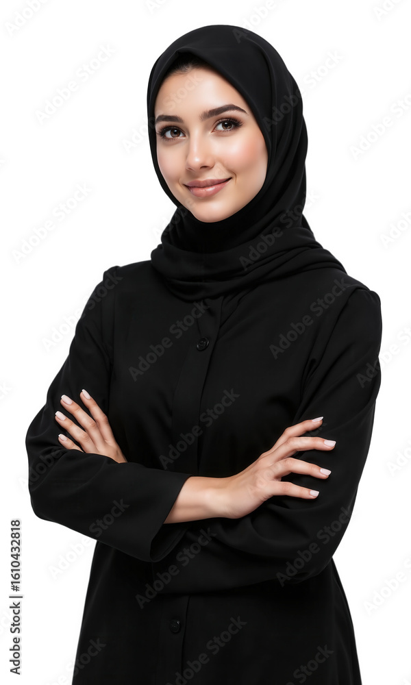 Fototapeta premium Muslim Woman Hijab Abaya Confident young woman with arms crossed smiling on a white background