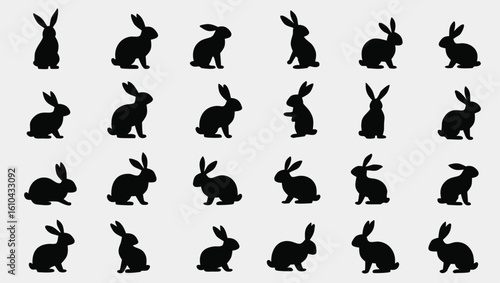 Black rabbit silhouettes in various poses bunny white