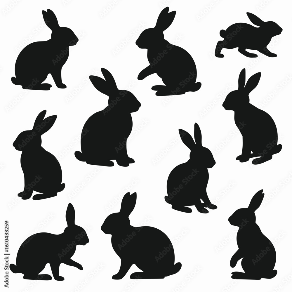 Fototapeta premium Black rabbit silhouettes in various poses bunny white