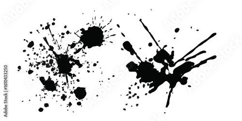 Dynamic splatter art on a stark white backdrop. black ink splatter 