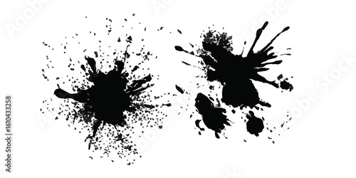 Dynamic splatter art on a stark white backdrop. black ink splatter 