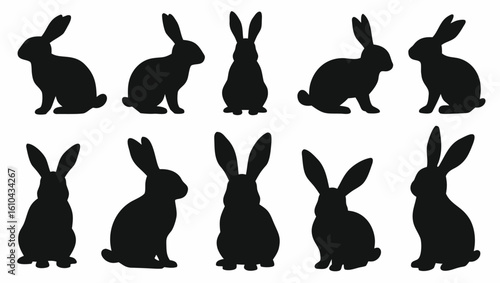 Black rabbit silhouettes in various poses on white background bunny