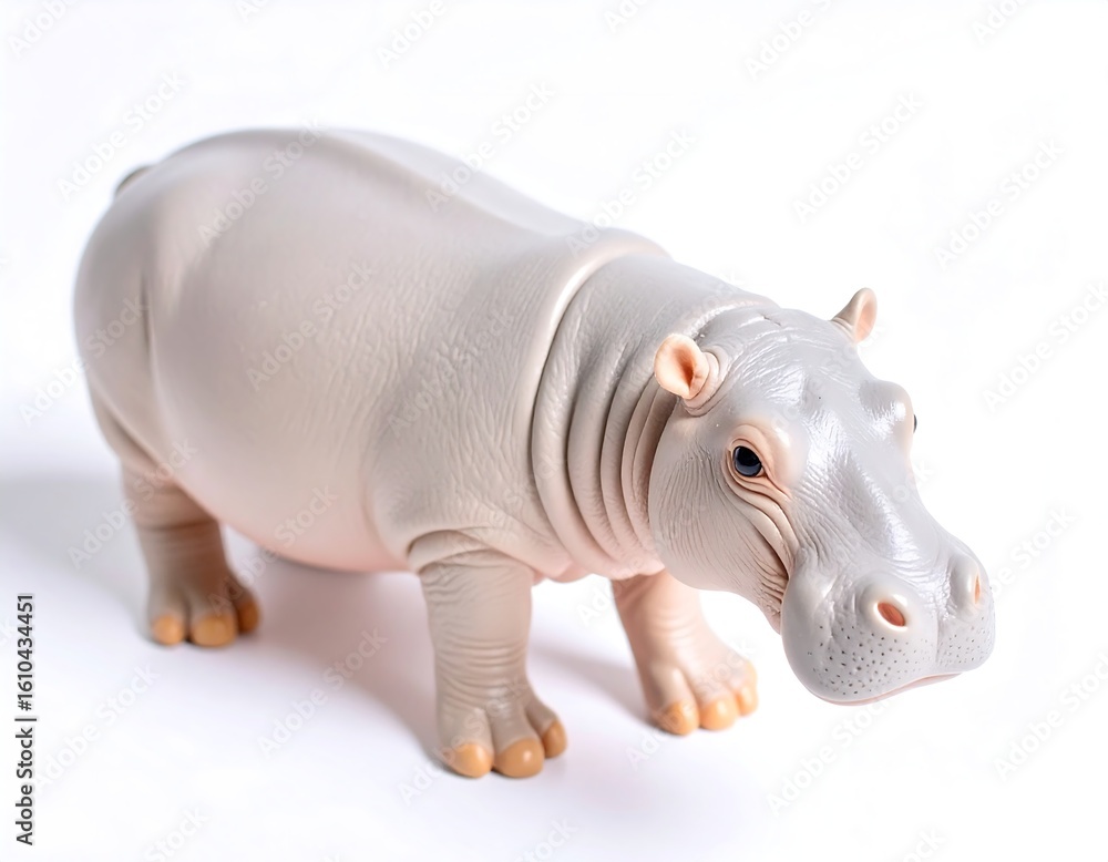 Fototapeta premium Light grey plastic hippopotamus toy, posed on white background
