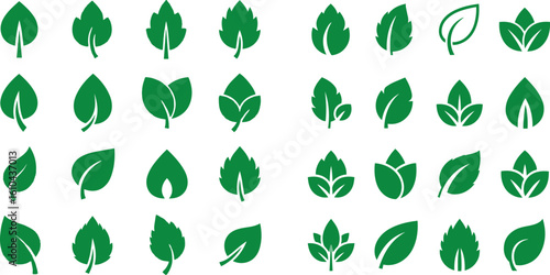 Collection of various green leaf icons shapes, simple and stylized.