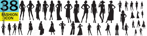 A collection of thirty eight fashion icon silhouettes in various poses and outfits on a white background