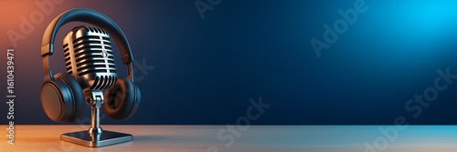 Retro-style microphone with headphones on wooden table, blue gradient light background and copyspace for creative podcast or music hobby concept.