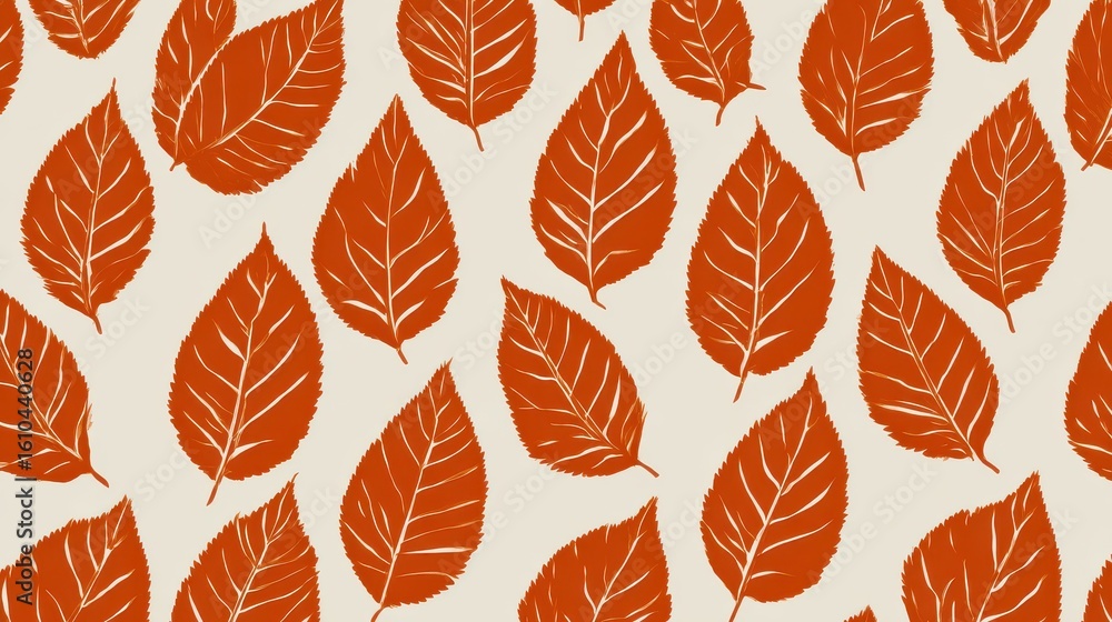 Obraz premium Silhouette pattern of autumn leaves in burnt orange, negative space arrangement, warm white backdrop for nature-inspired backgrounds.