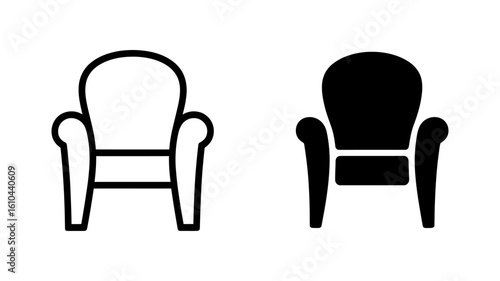Armchair Icons: Outline and Solid Black Vector Graphics for Web and App Design.