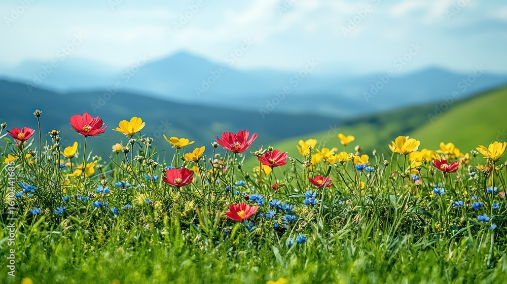 Obraz premium Vibrant wildflowers blooming in a scenic mountain landscape