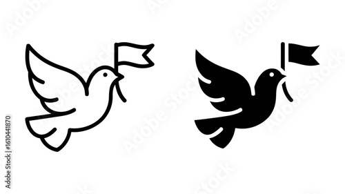 Dove carrying flag, line art and solid icon set; peace, hope, message, delivery concept; simple, bold, vector illustration.