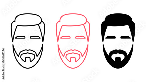 Three Minimalist Line Art Icons: Man with Beard, Black, White, and Red Variations.