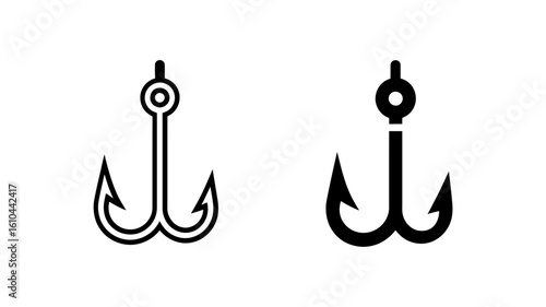 Double Hook Icons: Line Art and Bold Black Styles, Fishing Tackle Graphics, Minimalist Design.