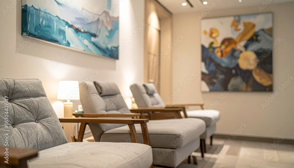 Fototapeta premium Premium Spa Lounge Decor with Comfortable Chairs, Serene Painting, and Elegant Tranquil Ambience for Wellness Retreat 