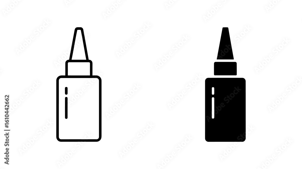 Line art and solid icon set: small bottle with pointed applicator, minimalist design, medical or cosmetic product packaging. Line art and solid icon set: small bottle with pointed applicator, minimalist design, medical or cosmetic product packaging.