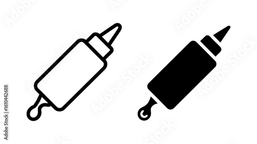 Line art and solid black icons: squeeze bottle, condiment dispenser, sauce packaging, minimalist design, vector illustration.