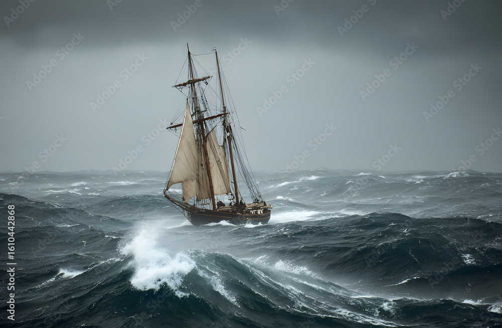 Obraz premium A wooden sailing ship navigates through rough ocean waters under a stormy sky