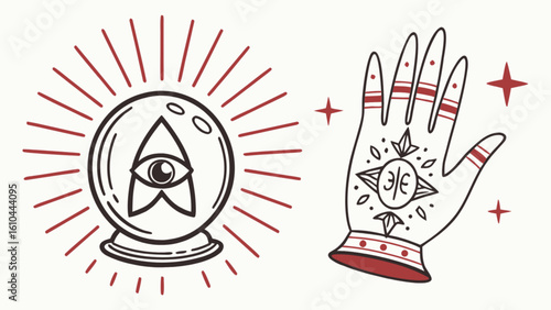 Fortune telling crystal ball and palm reading hand illustration for psychic and magical theme design