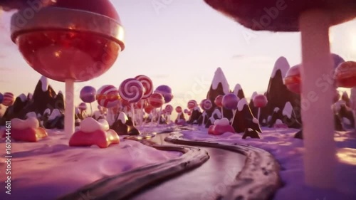 A whimsical fantasy landscape made of sweets, featuring a winding chocolate river, vibrant lollipop forests, and confectionery mountains