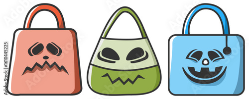 Halloween trick or treat bags with spooky faces in orange green and blue colors perfect for festive fun and collecting treats
