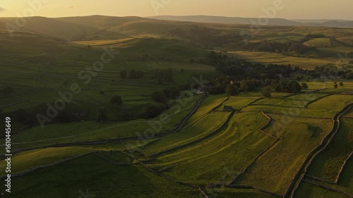 Stunning Drone View of Malham Village in Yorkshire Dales at Golden Dawn Light
