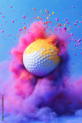 Explosive golf ball bursting through colorful powder clouds against a blue sky backdrop
