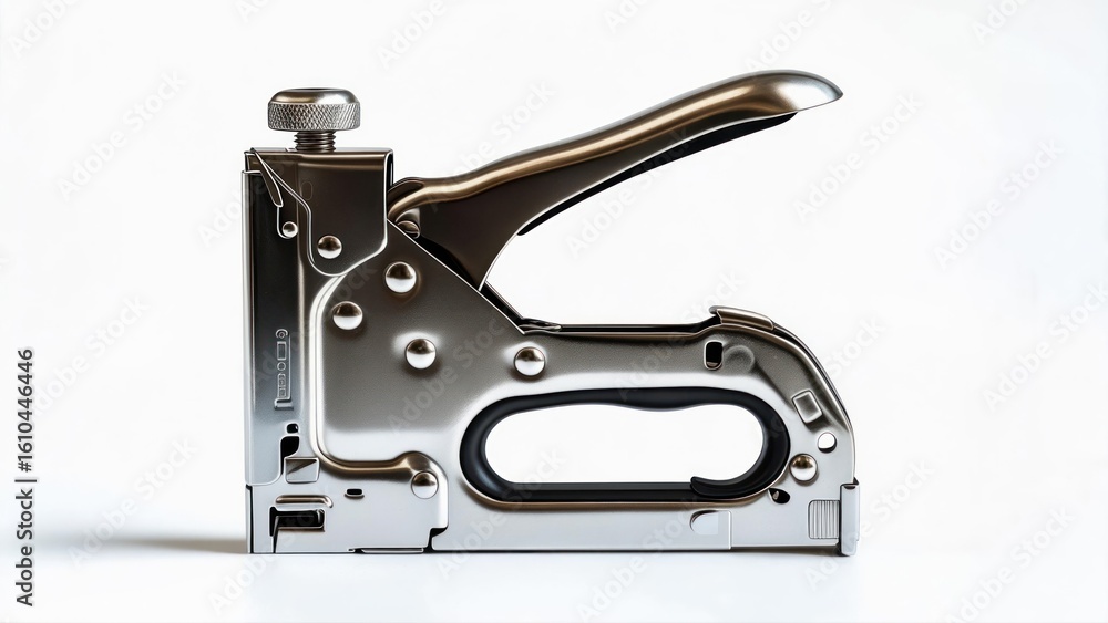 Obraz premium Robust Metal Staple Gun Isolated on White Background. Essential Hand Tool for Construction, Upholstery, and DIY.
