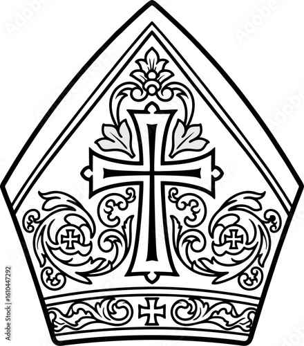 Ornate Bishop Mitre Line Art with Cross and Floral Pattern – Black and White Vector Illustration